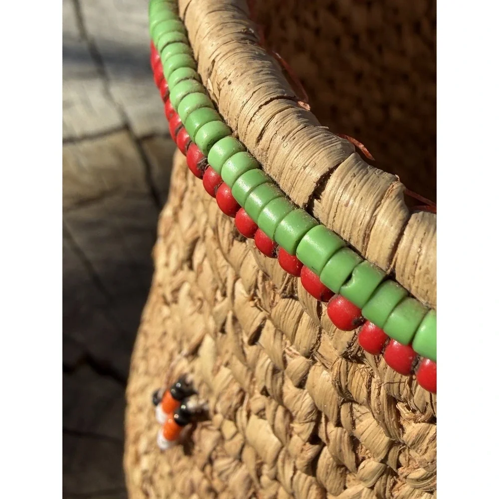 Old Expertly Handwoven‎ Beaded Basket – Glass Trade Beads – 4.5